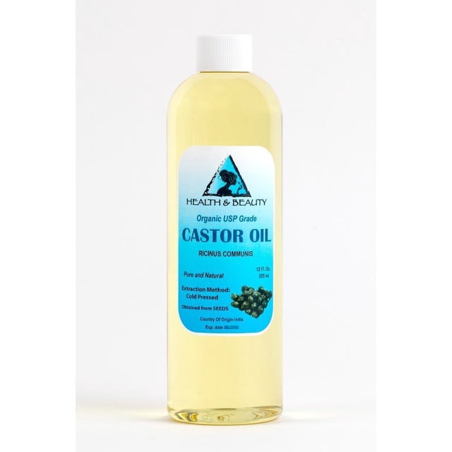 Huile de Ricin Biologique de Qualité USP Sans hexane Pressée à Froid premium Fraîche pure Bouteille de 24 oz par Health & Beauty. le Liquide Jaune Pâle Est Emballé dans une Bouteille en Plastique Transparente avec un Bouchon Blanc et une Étiquette Bleue Présentant les Détails du Produit, Y Compris Son Nom Botanique Ricinus Communis et la Méthode d'Extraction comme Pressée à Froid. Convient aux Soins du Corps, à la Massothérapie et aux Cosmétiques en Raison de Ses Propriétés Hydratantes et Protectrices.