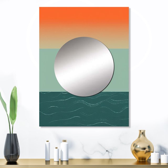 Designart "Minimalistic Solitary Landscape VI" Minimalism Mirror Wall Decor - Modern Orange Abstract Large Printed Mirror Wall Decor For Bedroom - 32" x 24" Inch