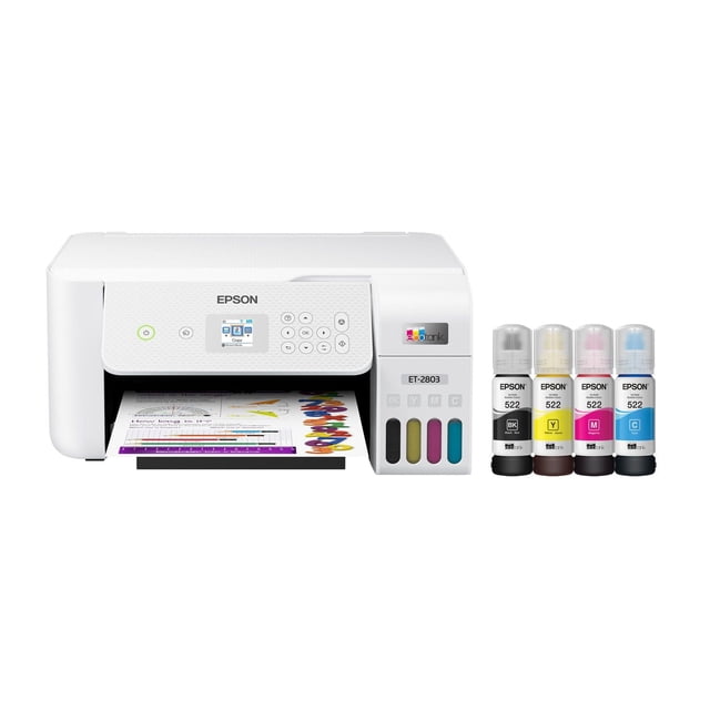 Epson EcoTank ET-2803 Wireless Colour All-in-One Cartridge-Free Supertank Printer with Scan and Copy, front-facing white printer with color display, control buttons, visible refillable ink tanks for black, yellow, magenta, and cyan, printing a colorful document, accompanied by four Epson 522 ink bottles for cartridge-free refilling, suitable for home wireless printing.