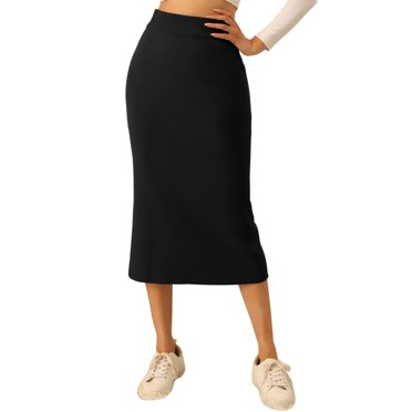 Unique Bargains Women's Elastic High Waist Slit Hem Stretchy Classic Midi Skirts
