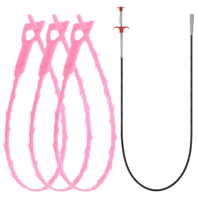 Unique Bargains Outil de Débouchage de Drain 0,9m en Acier Inoxydable & 3 Pcs PP Débouchage Rose