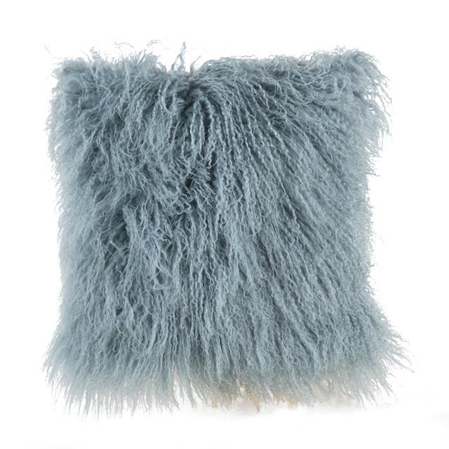 Sea Blue Mongolian Lamb Fur With Microgel Feather Like Insert Pillow