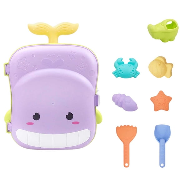 8-Piece Kids Beach & Bath Water Play Set with Purple Whale Trolley Case – Includes Shovel, Rake, Animal Molds & Interactive Hourglass Water Flow Function | Educational Plastic Toy for Ages 3+