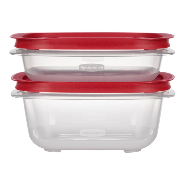 Two clear square Rubbermaid EasyStore food storage containers with red lids, 4.92 and 7.81 cup capacity, stacked.