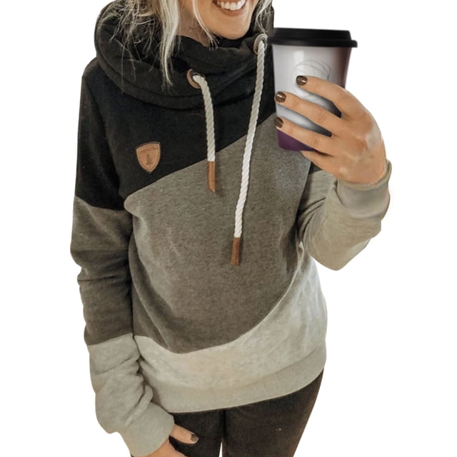 UKAP Women Pullover Drawstring Sweatshirt Color Block Hoodies Casual Fall Hooded Tops Black 5XL