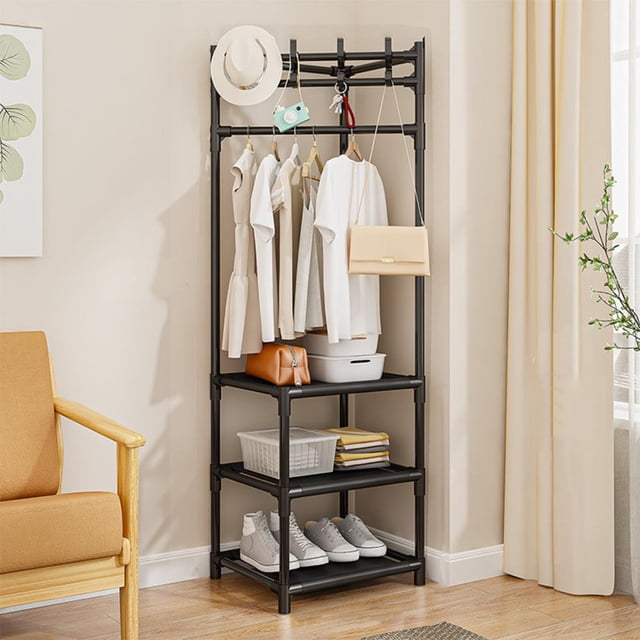 Feltree Coat Rack Freestanding Closet Organizer Hall Tree with 2 Storage Shelves Corner Storage Organizer for Entryway Bedroom