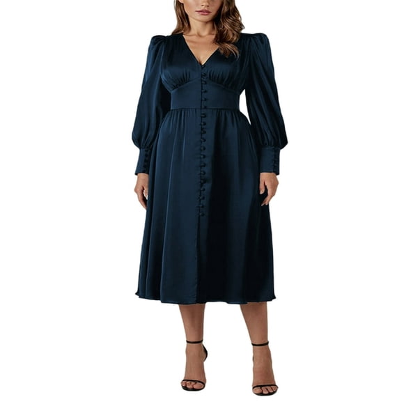 Women Formal Maxi Satin Dress Long Puff Sleeve Deep V-Neck Empire Waist Dress Evening Party Cocktail Dress Wine Red XL