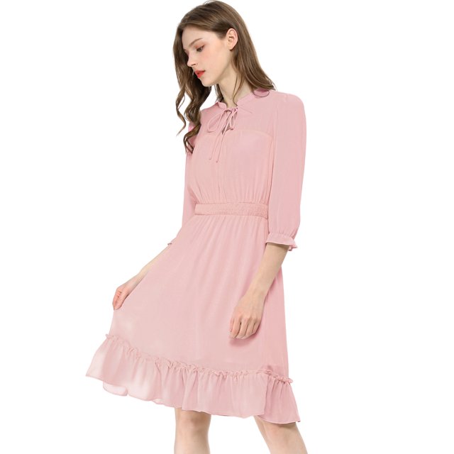 INSPIRE CHIC Robe A-Line en Mousseline Smockée pour Femme à Ourlet Volanté Superposé Manches 3/4 TG Rose
