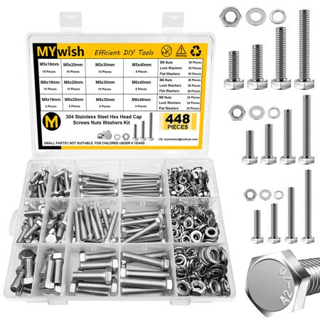 Mywish 448PCS M5 M6 M8 Bolt Screw Set, Metric Bolt Assortment, 304 Stainless Steel, Nut and Bolt Set Flat & Spring Washers, Hex Head Cap Sc