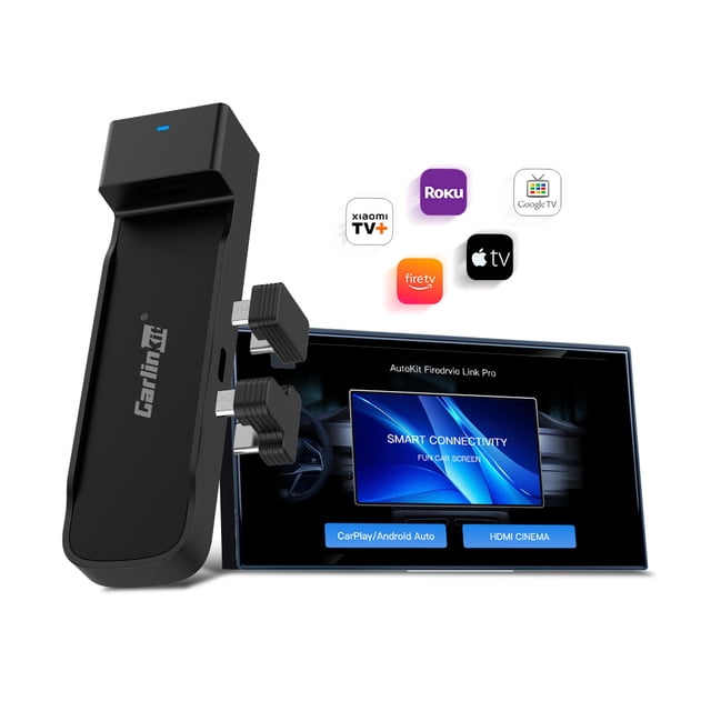 CarlinKit Car TV Mate PRO, a 3-in-1 HDMI input media streaming device for factory-wired CarPlay vehicles, shown with its sleek black design and dual connectors. The product transforms your car into an entertainment hub, enabling wireless CarPlay and Android Auto functionality. Compatible with Fire TV Stick and other HDMI devices, it integrates seamlessly with car controls. Displayed alongside a car screen showcasing smart connectivity features and logos of supported streaming platforms like Fire TV, Roku, and Apple TV.