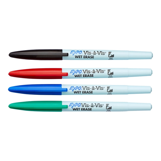 Expo Vis- -Vis - Marqueur - Non Permanent - pour Transparents de Plafond, Tableau Blanc - Noir, Rouge, Bleu, Vert - Fin (Lot de 4)