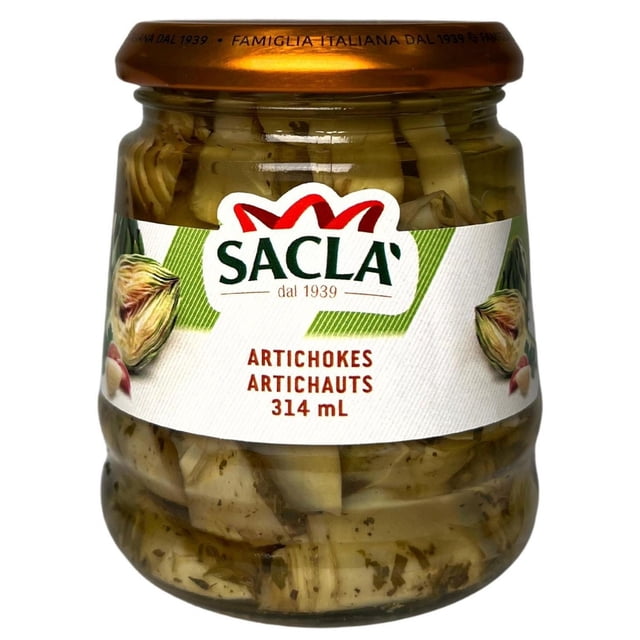 Sacla Marinated Artichoke Antipasto in a clear glass jar with a bronze lid, containing quartered artichoke hearts marinated in sunflower seed oil with herbs, labeled 314 mL, ideal as a fresh side dish, pizza, or bread topping in canned vegetables and pantry food categories.
