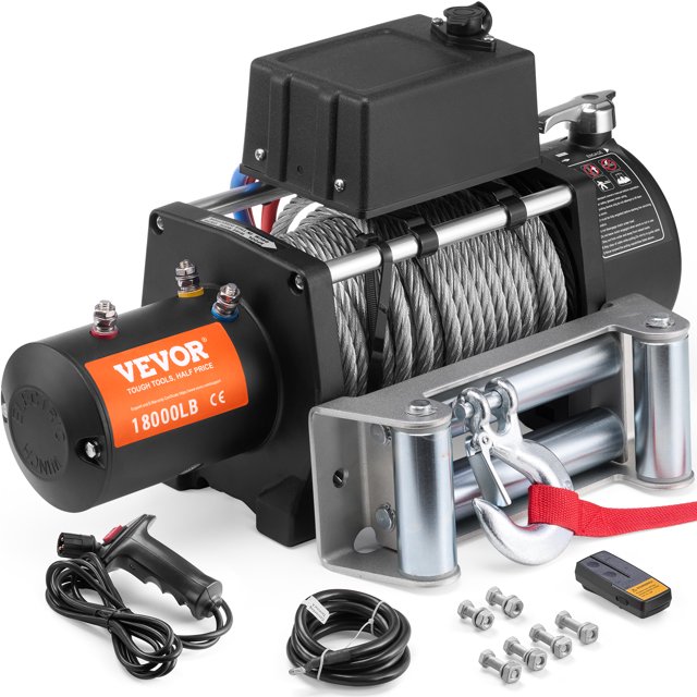 VEVOR Electric Winch Truck with 18,000 lb steel cable capacity, designed for off-road vehicle recovery and towing accessories. Features a black matte finish, IP55 waterproof rating, wireless and wired remote controls, durable steel cable, and colour-coded power cables for easy setup.