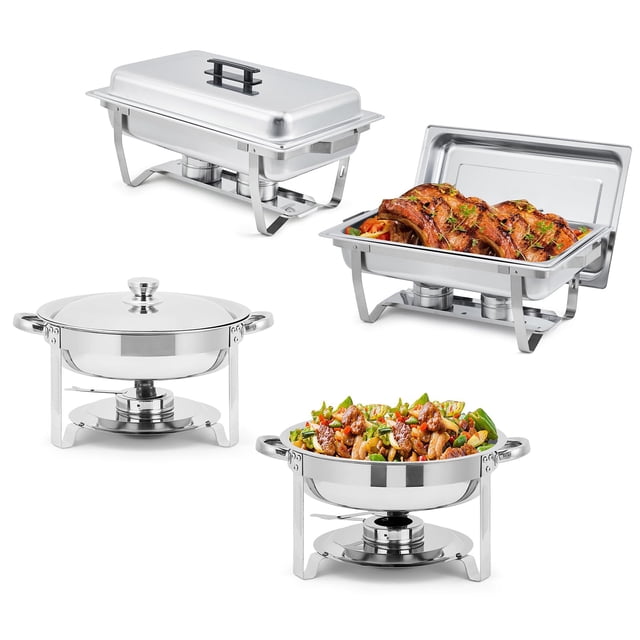 Kojooin Ensemble de 2/4/6 Plats à Réchaud pour Buffet, Ensemble de Réchauds Rectangulaires de 8 Qt et Ronds de 5 Qt en Acier Inoxydable avec Couvercle, Poêle pour Aliments et Eau et Support à Carburant pour Événements