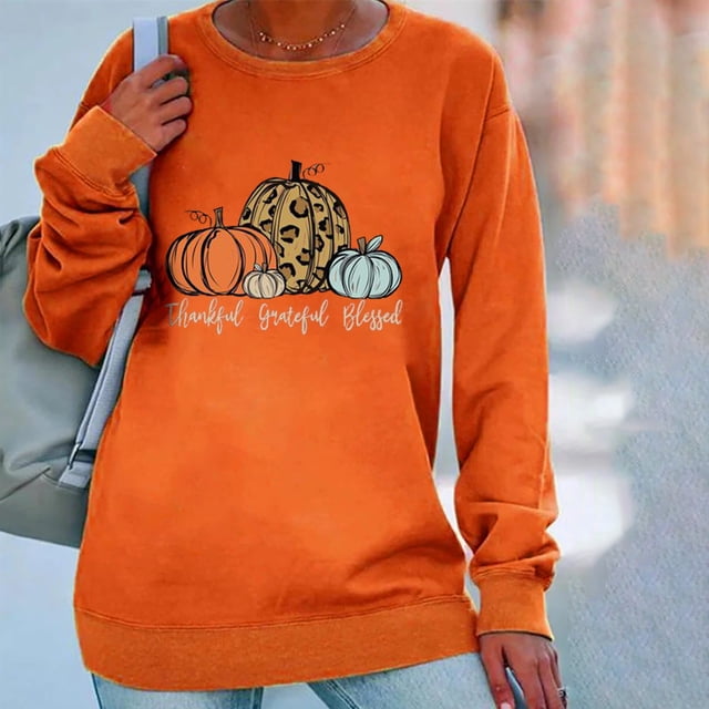 Thanksgiving Women Print Loose O-Neck Long-Sleeved Fleece Oversized Sweatshirt Pullover