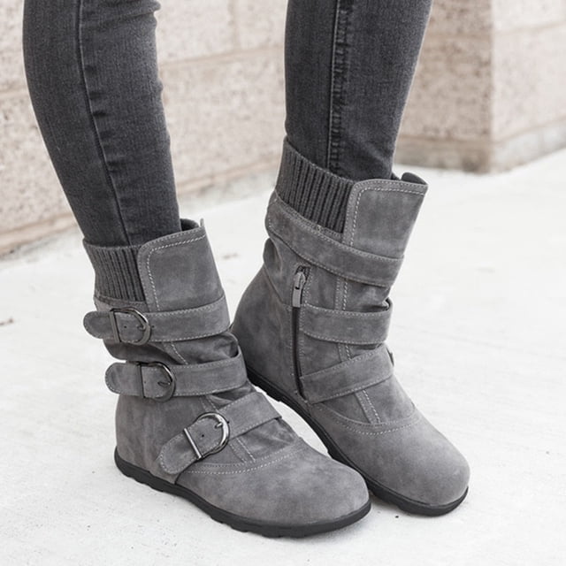 CEHVOM Women Suede Round Toe Zipper Flat Pure Color Buckle Strap Keep Warm Snow Boots