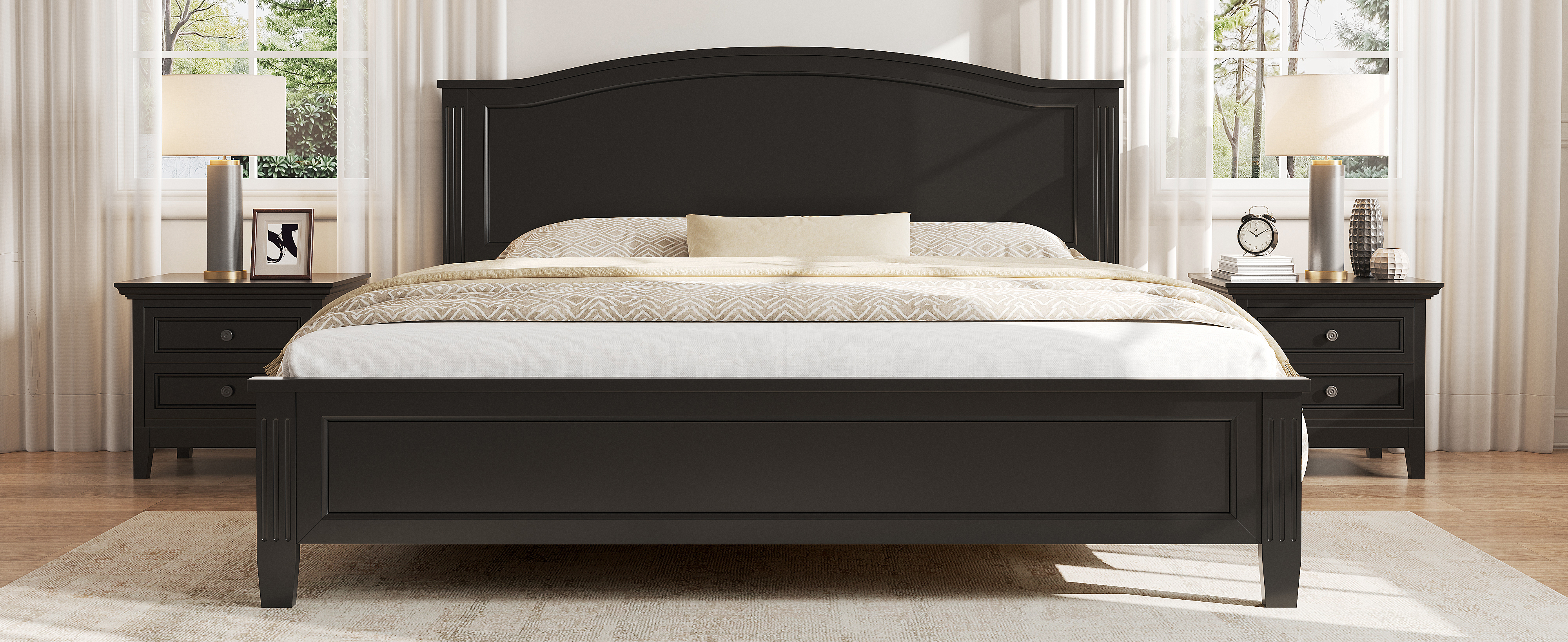 Noble House Full Platform Bed with Headboard,Wooden Slat Support Legs,No Box Spring Needed,Black