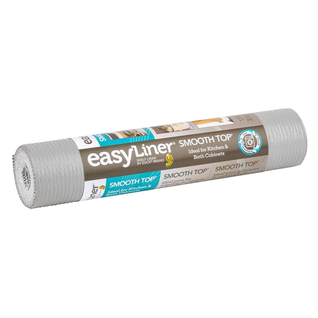 Smooth Top EasyLiner Brand Shelf Liner, Gray, 12 in. x 10 ft. front-facing roll of gray shelf liner showing smooth top surface and textured non-adhesive grip bottom with 12-inch width visible; flexible liner suited as cabinet liner or shelf protector for kitchen, bath or laundry, machine washable, often used to line drawers or protect shelves during storage.