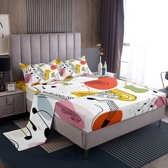 Music Sheet Set Watercolor Geometry Saxophone Full Sheets Kids Boys Girls Colorful Musical Notes Bed Sheets Set Music Theme Instrument Bed Set Cute Bedroom Decor