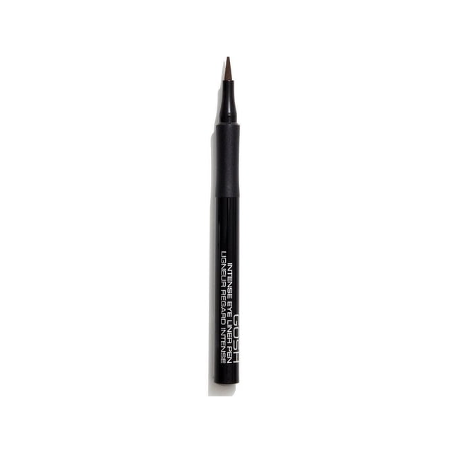 GOSH - Intense Eye Liner Pen - 03 Brown with a precise pointed felt tip and black glossy barrel labeled with white text, water-based and smudge-proof for long-lasting semi-permanent eye makeup, suitable for detailed eyeliner application.