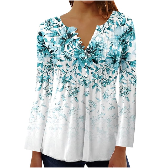 DPTALR Women Summer Sexy Fold Printed Regular Women Long Sleeves V Neck Button