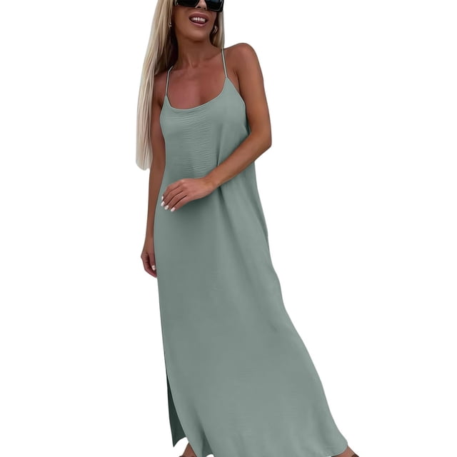 Xfvqtps Womens Solid Color Sleeveless Slip Dress Casual Loose Beach Slip Maxi Sundress for Spring Summer