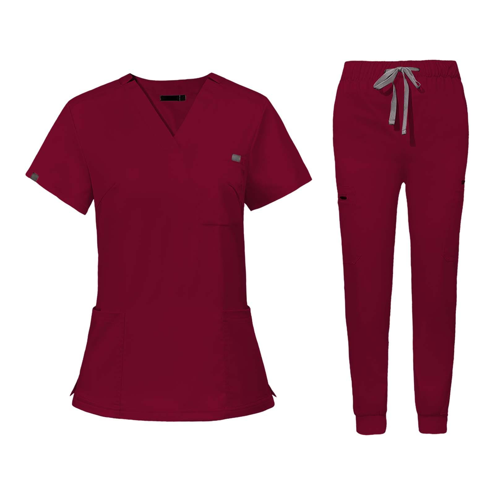 lionlar Nursing Uniforms Scrub Set V Neck Tops Jogger Pants Work suits for Healthcare Red