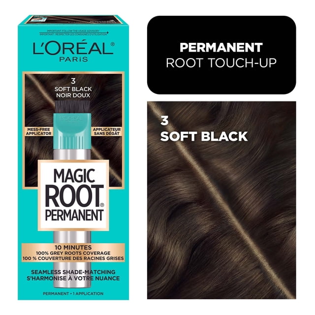 L'Oréal Paris Magic Root Permanent Hair Dye in shade 3 Soft Black with mess-free precision applicator for permanent root touch-up, providing 100% grey root coverage in 10 minutes and seamless shade matching for natural hair colour.
