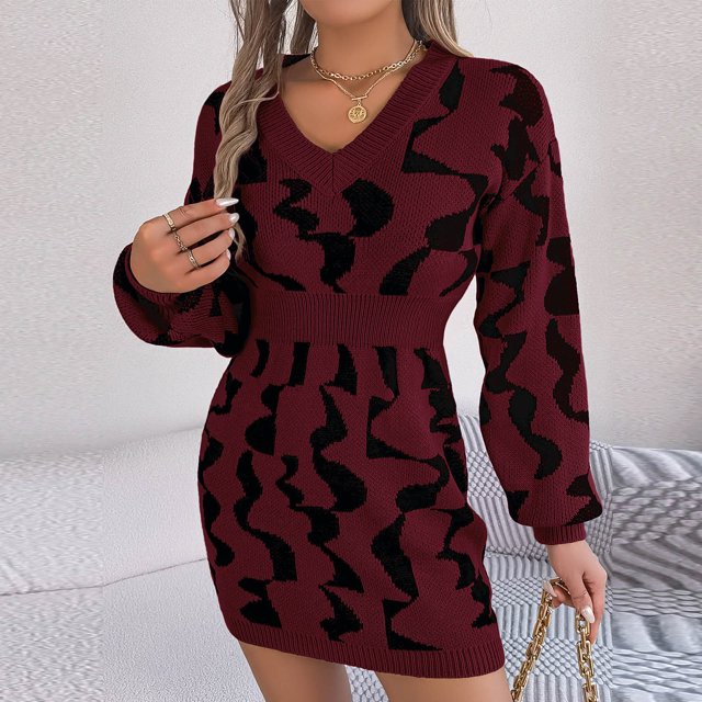 FcBaudy Robe à Manches Longues à Col en V, Robes d'Été pour Femmes, Robes pour Femmes Mode Robe Décontractée à Manches Longues pour Femmes Col en V Robes Imprimées pour Sorties pour Dames Robe pour Femmes