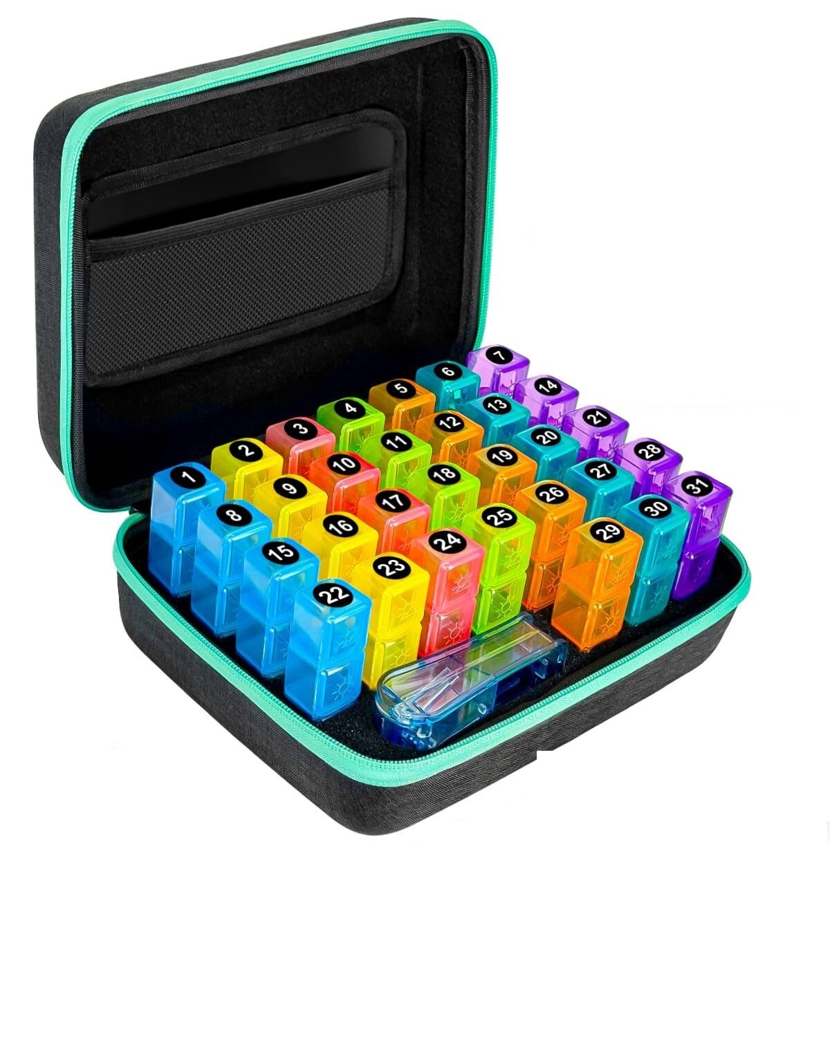 WANGQI Monthly Pill Organizer 3 Times a Day, with Portable Hard Shell, Pill Cutter, 31-Day Box, Plastic Opening Pick, Monthly & Weekly Stickers, Convenient Medication Management