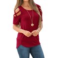 thumbnail image 4 of Women T-shirt Cold Shoulder Round cold shoulder solid color Neck Blouse Solid Color Top, Wine Red, L, 4 of 5