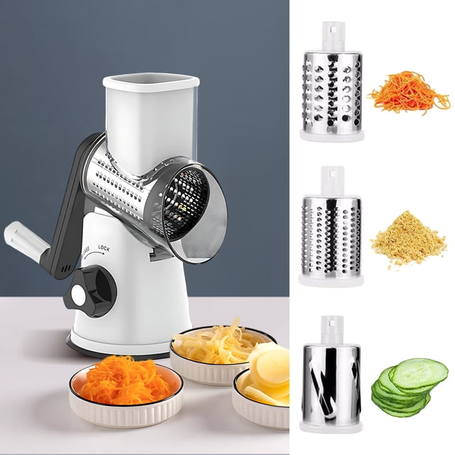 ICQOVD 3-in-1 multifunctional roller vegetable cutter featuring a hand-operated design with a white and black body. Includes three interchangeable stainless steel blades for shredding, grating, and slicing vegetables like carrots, potatoes, and cucumbers. The ergonomic handle and non-direct contact inlet ensure safety and ease of use. Detachable and portable for convenient storage, with bowls of shredded and sliced vegetables displayed in the foreground.