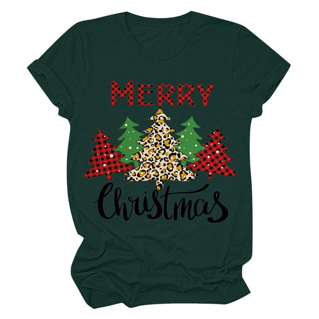 Christmas Tree Top Womens Casual Round Neck Short-sleeved Christmas Tree Printed T-shirt Top
