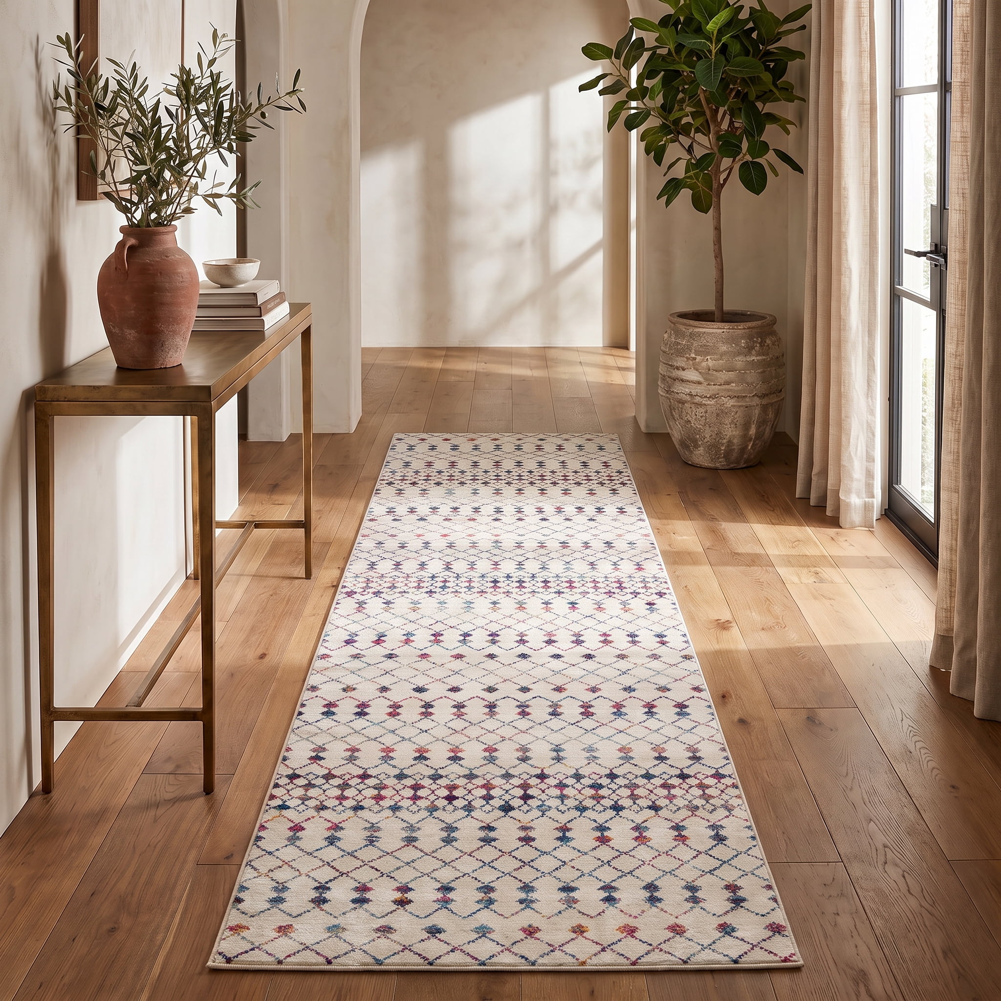 Tapis d'intérieur bohème Branch Savannah 2' x 18' (taille exacte : 2'3" x 18'), beige bleu, moderne - Entrée, couloir, salle de bain et cuisine