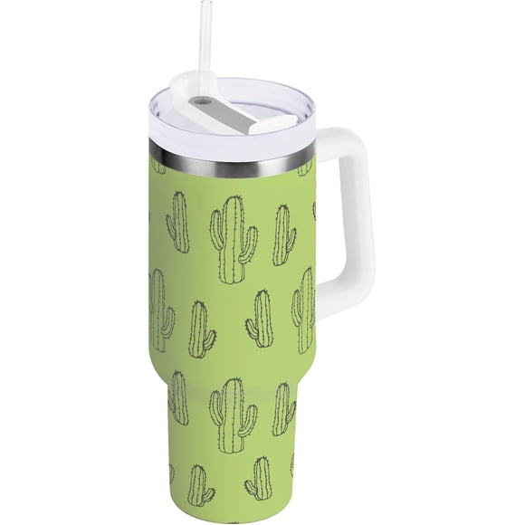 30 oz Tumbler with Handle Lid and Straw Insulated Water Tumbler Stainless Steel Water Cup Mug Bottle Reusable Cup Holder Friendly Green Cactus