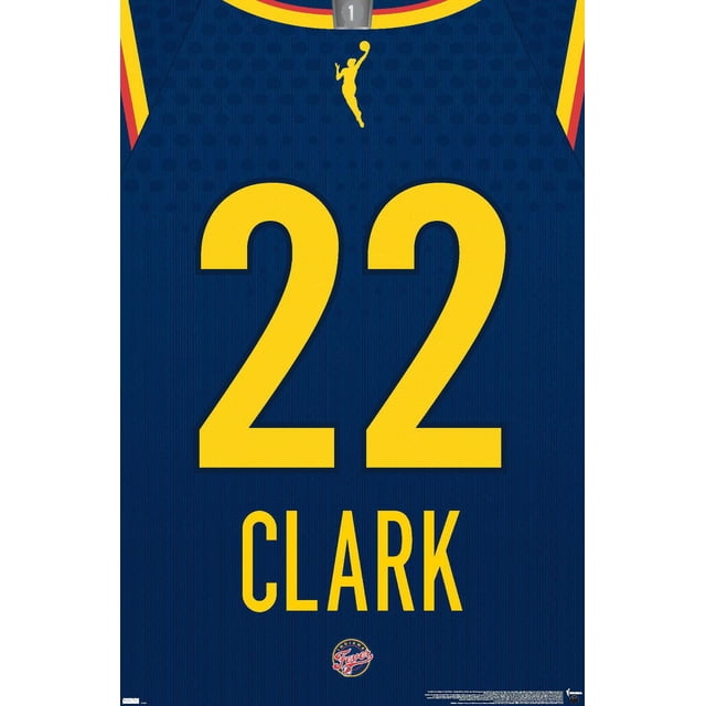 WNBA Indiana Fever - Caitlin Clark Jersey Wall Poster, 22.375" x 34" centered front-facing glossy poster showing a full-size printed Caitlin Clark Indiana Fever jersey graphic in team colors on glossy poster paper with visible print texture; lightweight rectangular art print shown on a neutral white backdrop, suitable for dorm, bedroom or party wall decor as described in product specs.