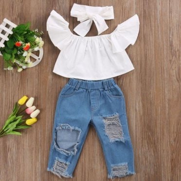 Toddler Girls Kids Off Shoulder Tops Denim Pants Jeans Headband Outfits Set