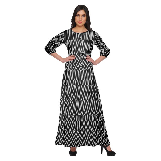 Moomaya Printed Round Neck 3/4 Sleeve Long Maxi Dress With Drawstring Waist