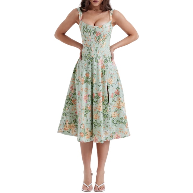 Gupgi Robe Midi Fleurie pour Femmes Sans Manches Fendue Fluide Boho avec Poches. Cette Robe Midi Verte Présente un design Sans Manches, Dos Nu avec Bretelles à Nouer, un Imprimé Floral et une Fente pour Plus de style. Fabriquée en polyester Léger, Elle Offre une Coupe Respirante et Confortable. Idéale pour les Fêtes, les Congés Ou les Rassemblements Décontractés.