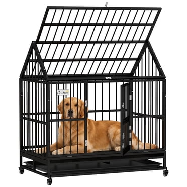 PawHut Cage pour Chien Robuste de 49 Pouces, avec Plateau Amovible, Portes, Toit Ouvrant
