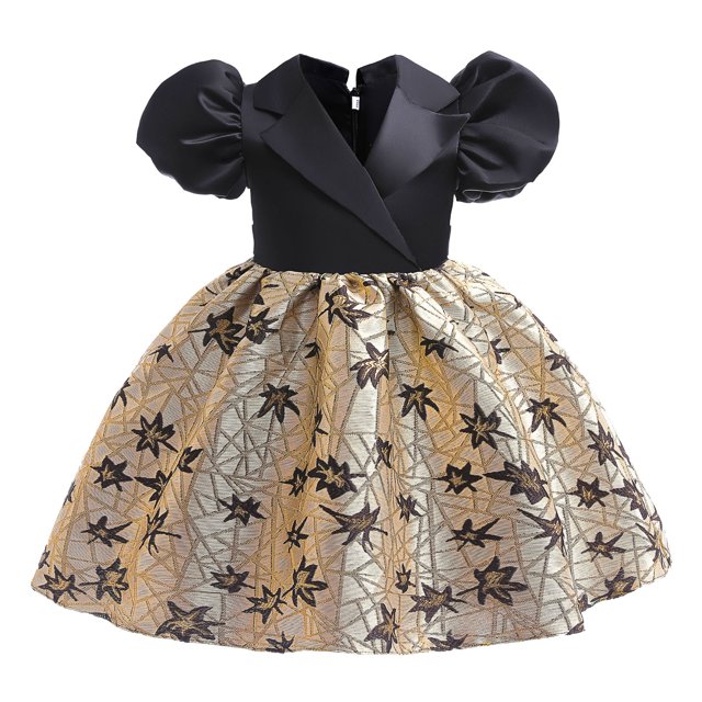 Robes de Filles Fête Jacquard Col à Revers Manches Bouffantes Mode Décontractée Robe de Demoiselle d'Honneur Noire 6-7 Ans