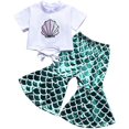 thumbnail image 4 of Girls Fashion Shell Printed Lace up Top Cute Mermaid Fish Scales Bell-bottomed Pants Two Piece Set, 4 of 5