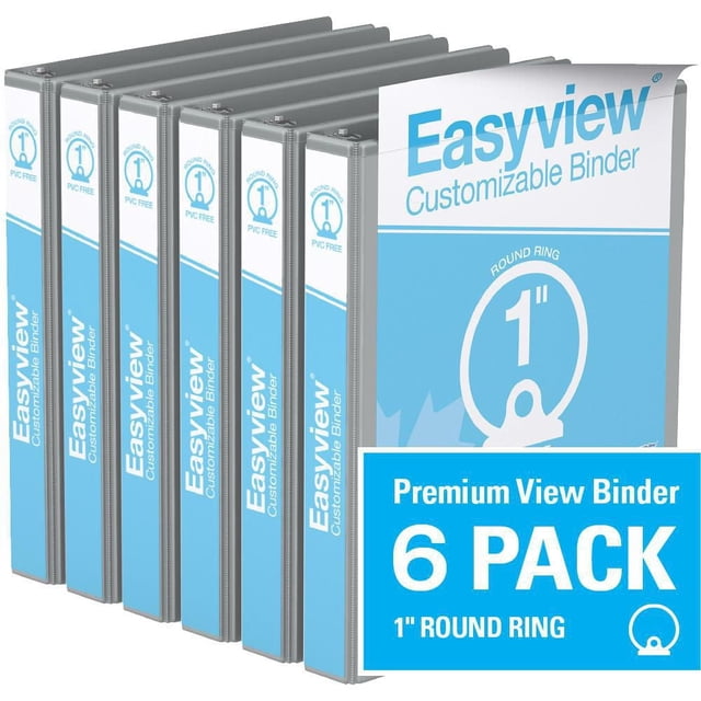 Davis Group Easyview Premium Round Ring Customizable View Binder 6 Pack 1 inch with six grey binders featuring clear overlay on front, spine, and back covers, 1-inch round rings, PVC-free polypropylene material, and clear interior pockets, suitable for presentations and reports.