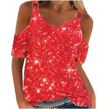 FAIWAD Hauts d'Été à Imprimé de Paillettes pour Femmes, Épaules Dénudées, Chemise Scintillante, Chandail de Fête/Boîte de Nuit, Blouses