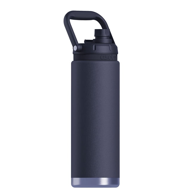 Asobu Canyon Bottle 50oz matte dark blue vacuum insulated double-walled stainless steel water bottle with full hand comfort-grip handle, built-in pop-up straw, screw top lid, and silicone rubber non-slip base for stable use.