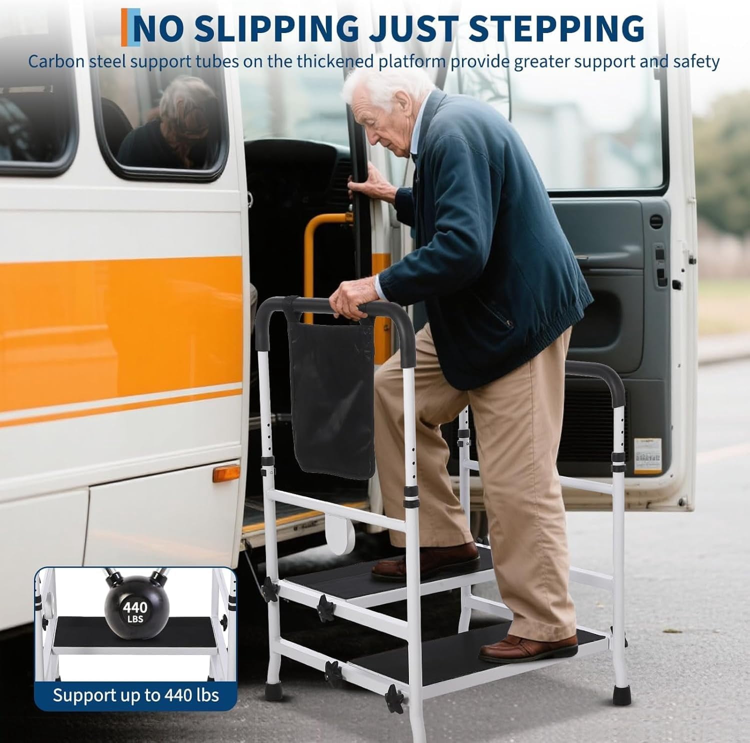 Royalbelle TrilenarsStep Stool with Dual Handle and Non Skid Rubber Platform,Bed Rails with Adjustable Height Bed Safety Step,Handicap Steps for Elderly,Daily Support,Double Handrails and Layers