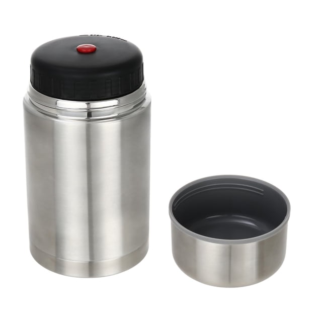Mainstays Stainless Steel Food Jar, 27 oz, with a cylindrical stainless steel body and black screw-on lid featuring a red button, shown open with the lid beside it, insulated for airtight food storage and suitable for portable meals or snacks.