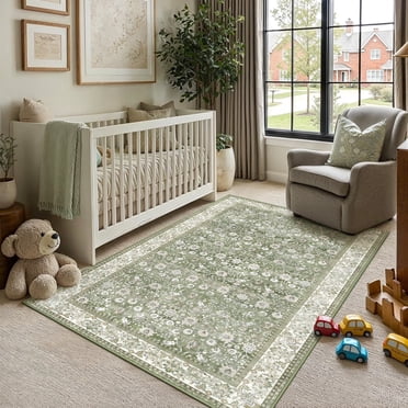 BERTHMEER 4'x6' Area Rugs for Bedroom Entryway Kitchen Office Dining Room Dorm Laundry Office Non Slip Vintage Traditional Oriental Distressed Throw Rugs, Green