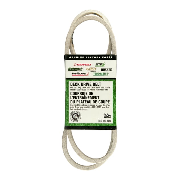 42-inch Lawn Tractor Deck Drive Belt in grey, coiled and labeled for MTD 42" Deep Deck AutoDrive Step Thru Frame models from 2001 to 2003. Compatible with Troy-Bilt, MTD, Bolens, Huskee, Yard Machines, Yard-Man, and White Outdoor, ideal for replacing worn belts in lawn tractor deck drive systems.