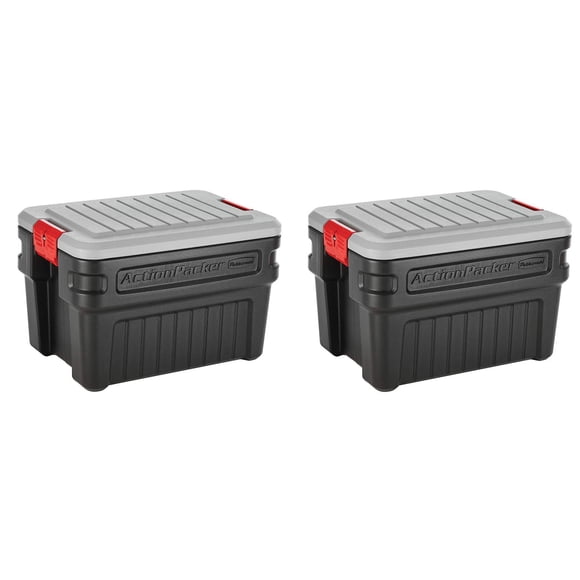 Rubbermaid 24 Gal Action Packer Lockable Storage Container, Black (2 Pack)